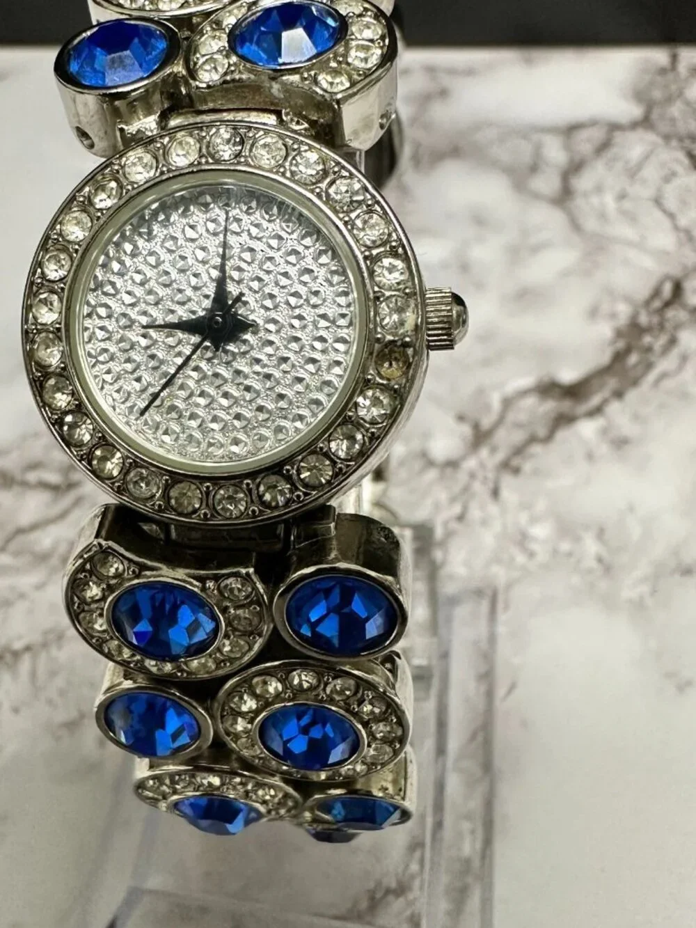 Suzanne Somers Watch Women Silver Tone Blue Rhinestone Bling Band New Battery